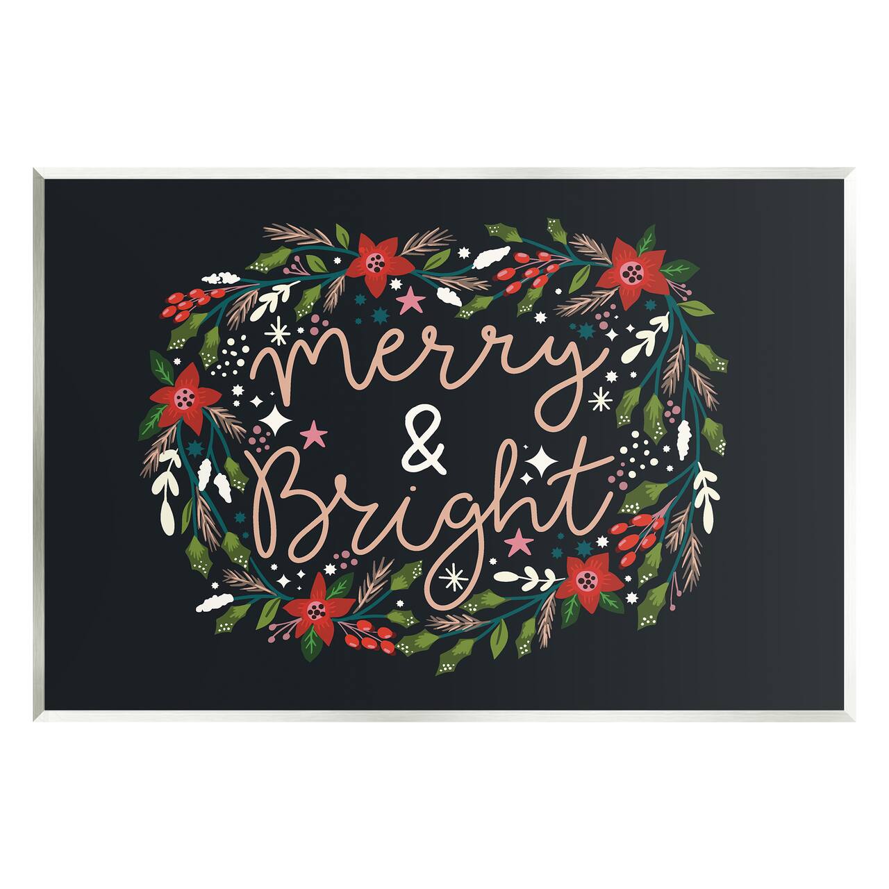 Stupell Industries Merry & Bright Poinsettia Wreath Wall Plaque Art